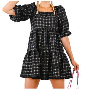 NWOT Moon River Dress Black & Gold Tweed Puffed Sleeves Dress Small